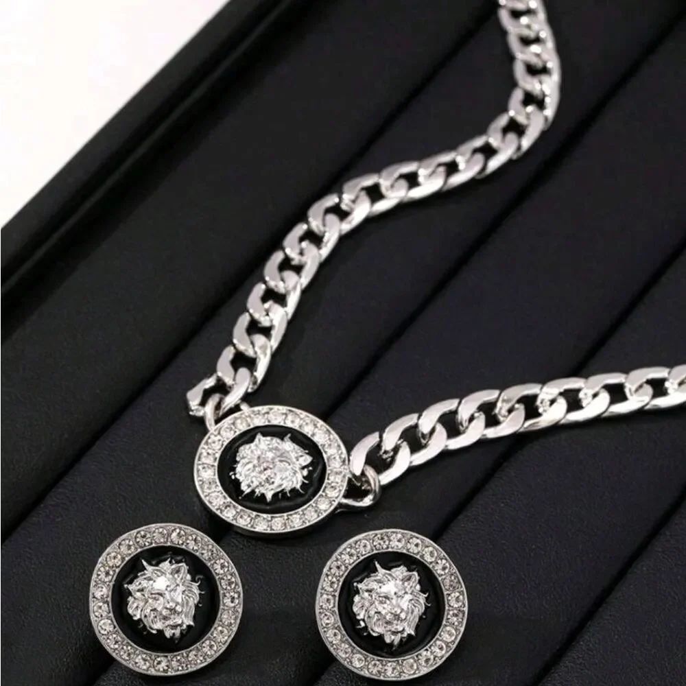 Designer Inspired Black & Silver Lion Choker Necklace & Earrings Set